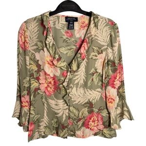 VTG Fairy Coquette 100% Silk Ruffle Blouse Size S P Sage Green Romantic Floral